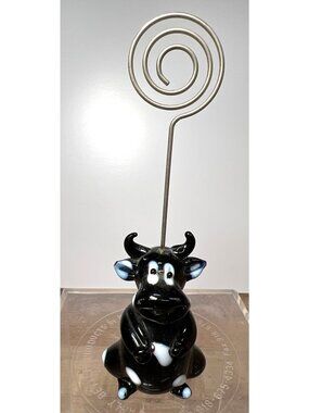 Cow Figurine Photo Holder With Spiral Clip - Glass & Metal